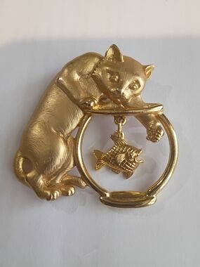J&J. Gold-tone Cat and Fish Bowl Brooch